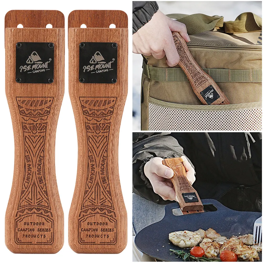 Sapele Outdoor Grill Pan Handle Adjustable Barbecue Pan Handle Ergonomic Portable Grill Plate Outdoor Camping Tool