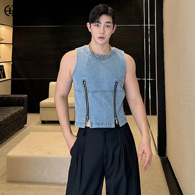 

LUZHEN 2024 Zipper Splicing Design Fashion Denim Sleeveless Vests Personalized Trendy Street High Quality Men's Tank Tops LZ3459