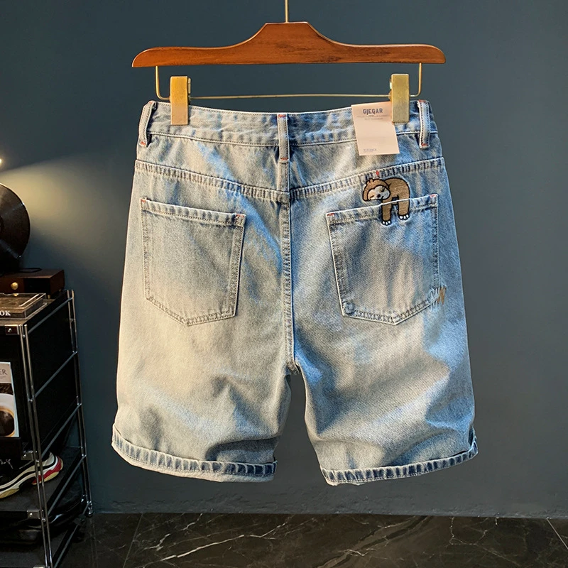 

2024new summer casual shorts men's plus size light color fifth jeans trendy embroidery high-end straight short pants