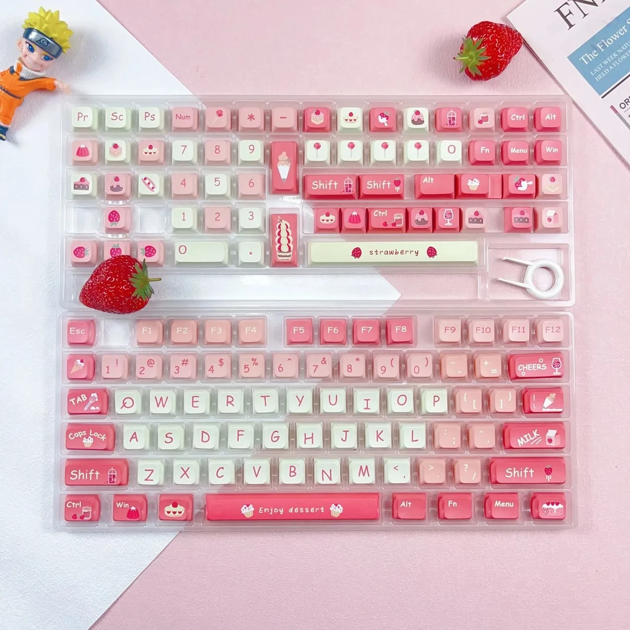 Cute Pink Strawberry Keycaps Fruit Theme Pbt Xda Profile mx Switches Faça Você Mesmo Teclado Gamer Mecânico 135 Chaves - Imagem 6