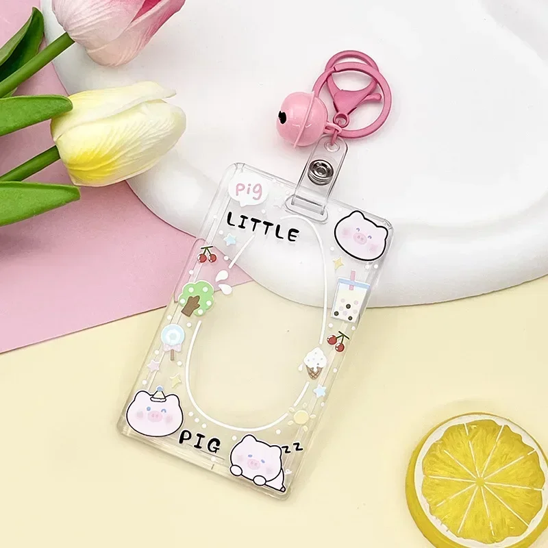 Kawaii Plastic Cartoon Cards Protecting Cover Clear Pig Bear Frog Card Holders with Long Rope Key Chain Student Bus Card Holder