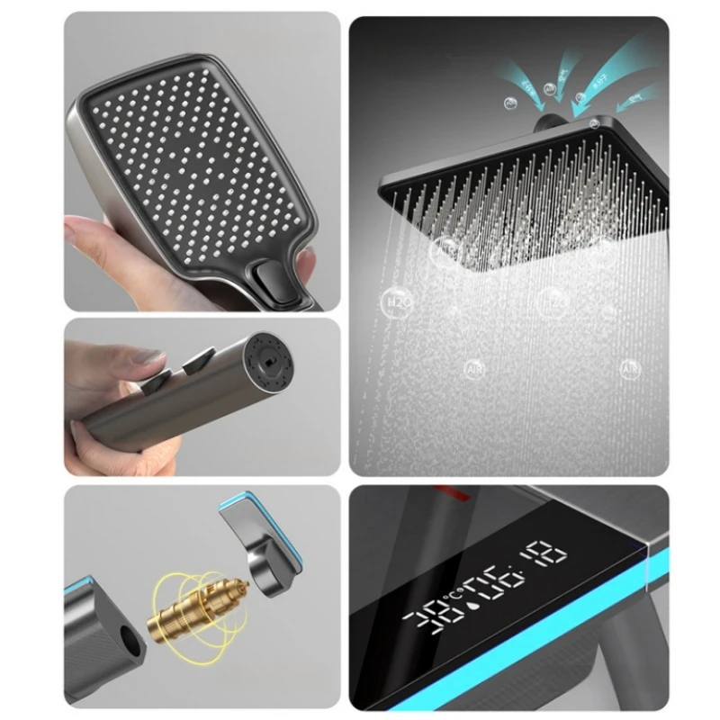Luxury Bathroom Shower Faucet Full Set Shower System with Light Tempered Glass Temperature Smart Digital Display Hot Cold Mixer 3