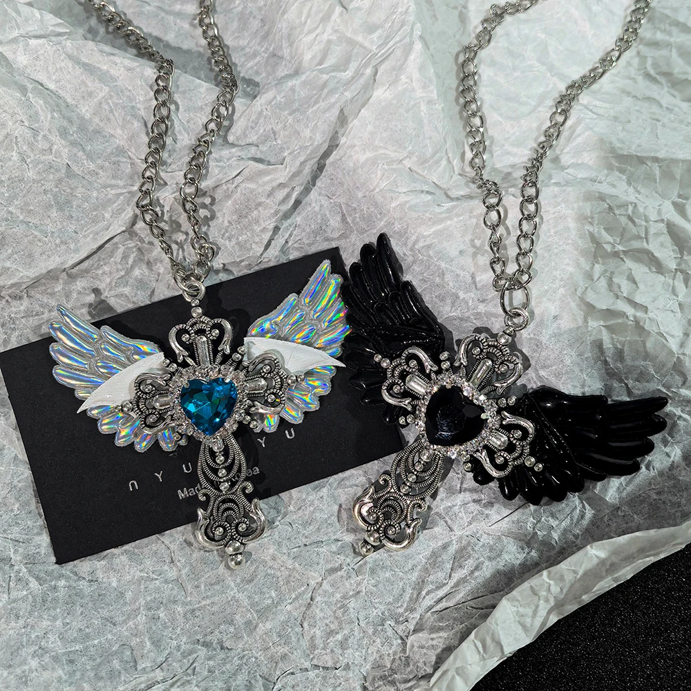 Y2K Gothic Angel Wing Heart Pendant Necklace Silver Tone Holographic & Black Wing Cross Necklaces for Women Punk Jewelry 1