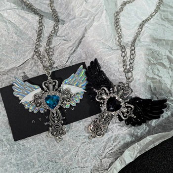 Y2K Gothic Angel Wing Heart Pendant Necklace Silver Tone Holographic & Black Wing Cross Necklaces for Women Punk Jewelry 1