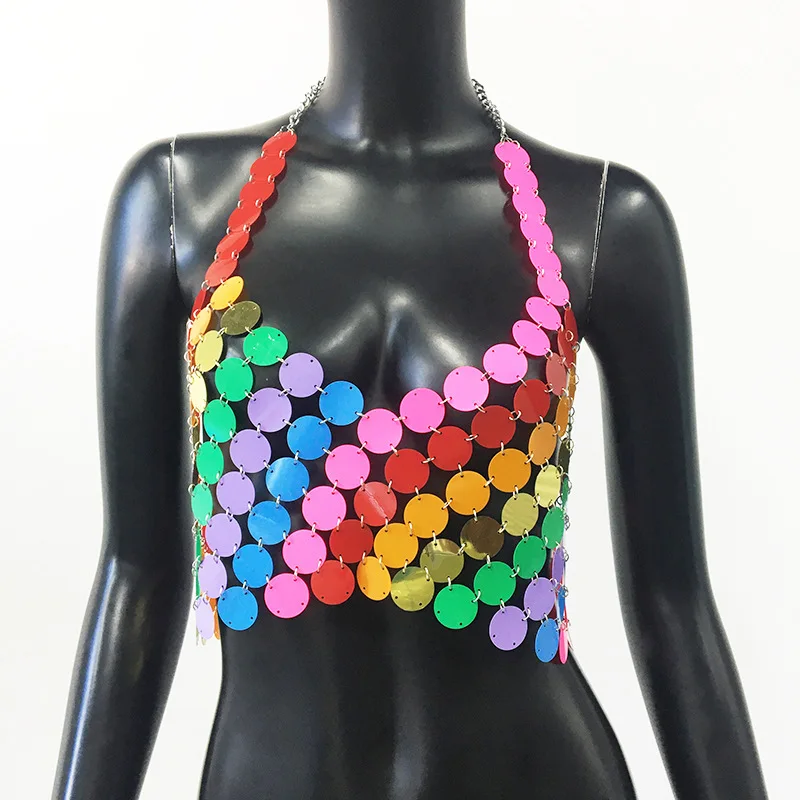 Rainbow Sequin Disc Cami Top Handmade Squamous Glitter Sequins Patchwork Strappy Nightclub Party Skirt and Halter Top 2026