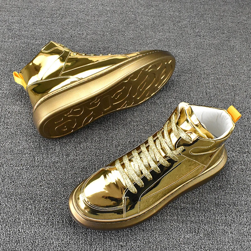 2025 Men's High Top Sports Shoes Fashion Shiny Leather Gold