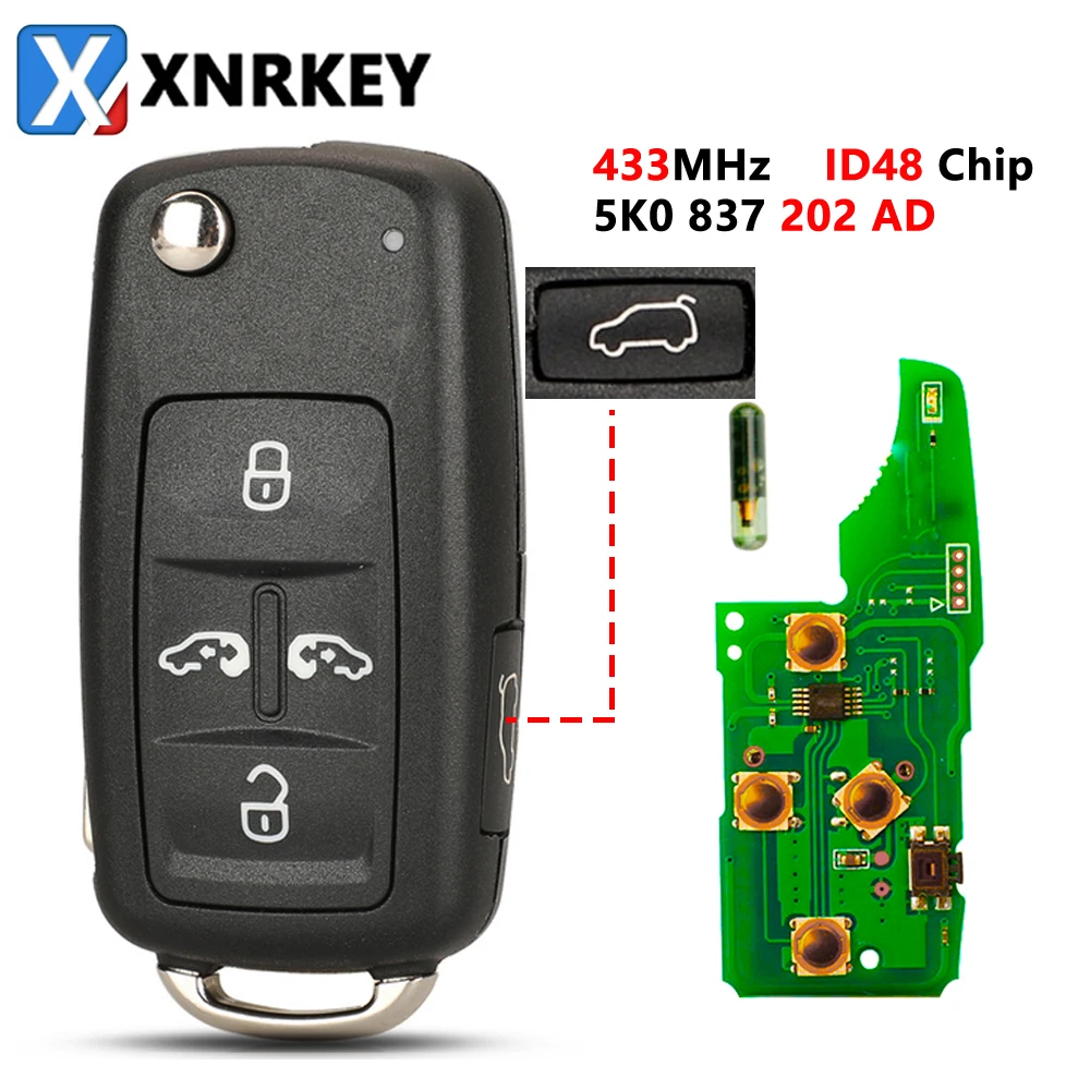 XNRKEY 5 Button Car Flip Remote Key ID48 Chip 433Mhz for VW Volkswagen Sharan Multivan Caravelle Transporter Car Key 5K0837202AD