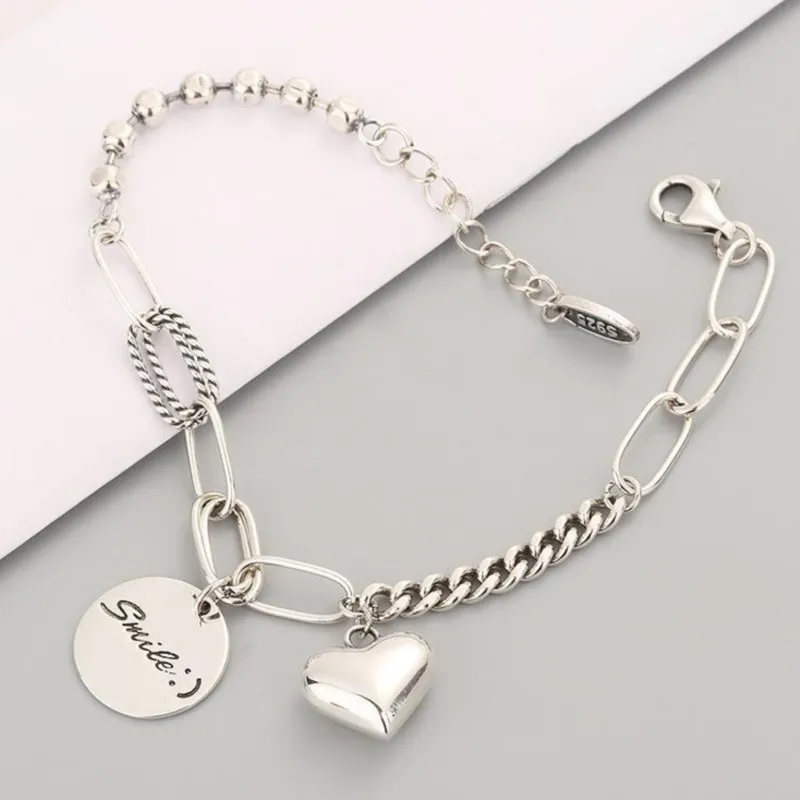 Thai Silver Round Love Heart Pendant Bracelets for Men Women Lady Street Hip Hop Thick Charm Chain Party Jewelry Couple Gift
