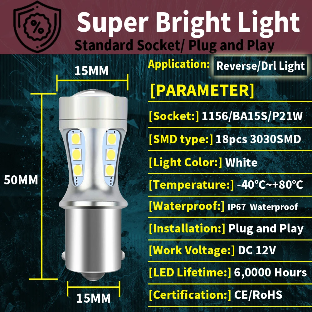 1156 LED  T20 W21/5W P21 P21W 1157 7443 921 7506 T25 ڵ T15 BA15S ڵ DRL SMD 6000k ȭƮ 12V  , 2 