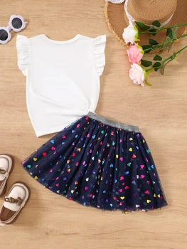 Summer toddler Girls' Clothing Sets Heart Print Short-Sleeved Tops Colorful hearts Tutu Skirt 2Pcs Outfits Valentine's Day Gift 2