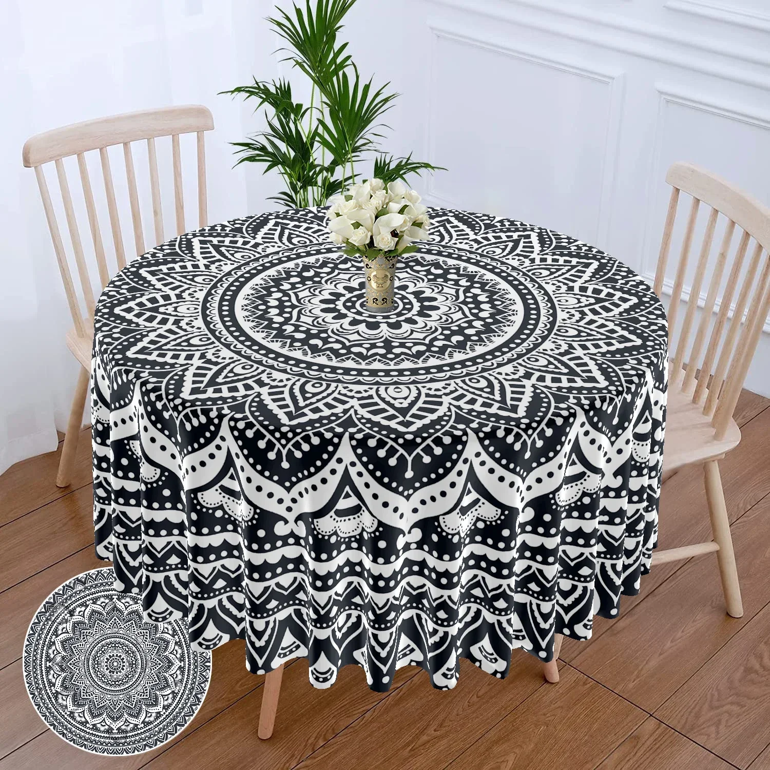 

Round Tablecloth 160CM Mandala Black White Polyester Table Cover Circular Table Covers for Round Table Dining/Table/Wedding