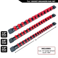 3 PCS Socket Organizer 1/2 3/8 1/4 inch Drive Socket Rail Holders Heavy Duty Socket Racks, Black Rails with Red Blue Black Clips 2