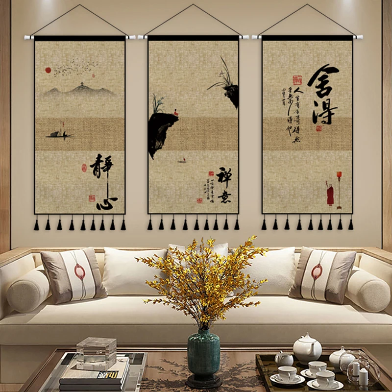 

Настенная ретро-ткань в китайском стиле Дзен, подвесная картина, гобелен для гостиной, чайной, кабинета, Настенная декоративная картина