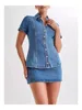 Women Denim Two Piece Sets Single-breasted Splice Short Sleeve Jackets Slim Fit Straight Wrap Hip Ultra Short Skirt Female Suits 1