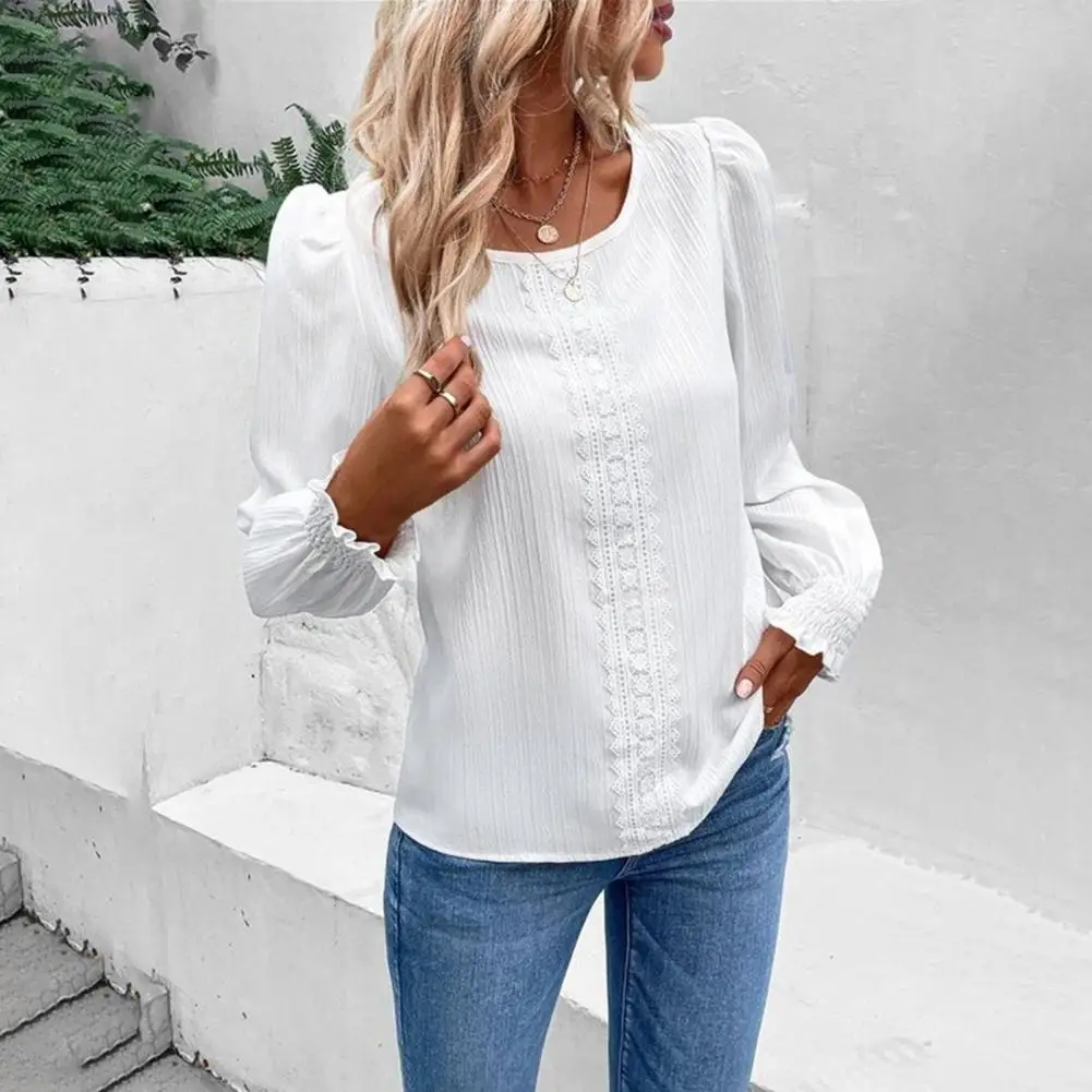 

Women Autumn Blouse Lady Spring Top Elegant Lace Patchwork Blouse Stylish Women's Ol Commute Top with Soft Loose Fit Elastic