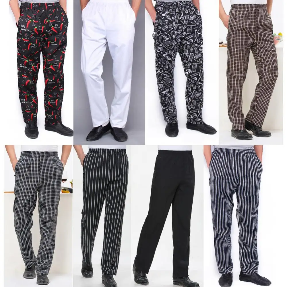 Men Stripe Plaid Chili Printed Hotel Restaurant Kitchen Chef Work Long Pants