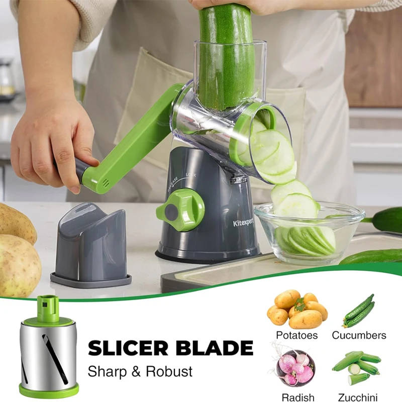 Vegetable Cutter Cheese Shredder 3 Sharp Drums Multifunctional Garlic Potato Shredder Handheld with Strong Suction Kitchen Tool