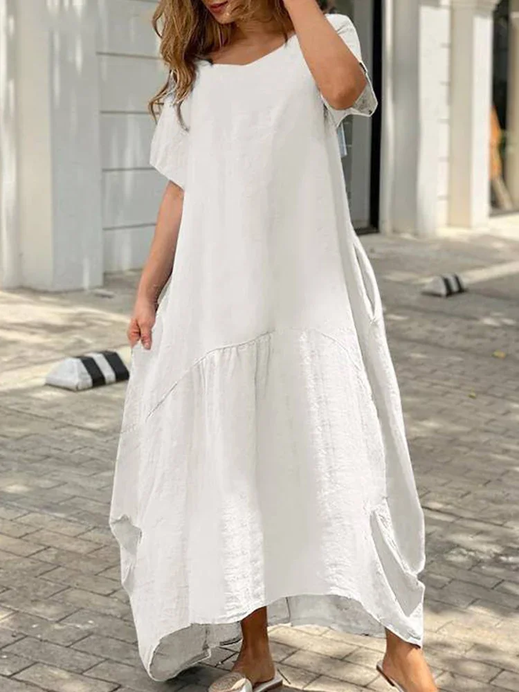 Solid-Color-Simple-Cotton-Linen-Dress-Women-Spring-O-Neck-Loose ...