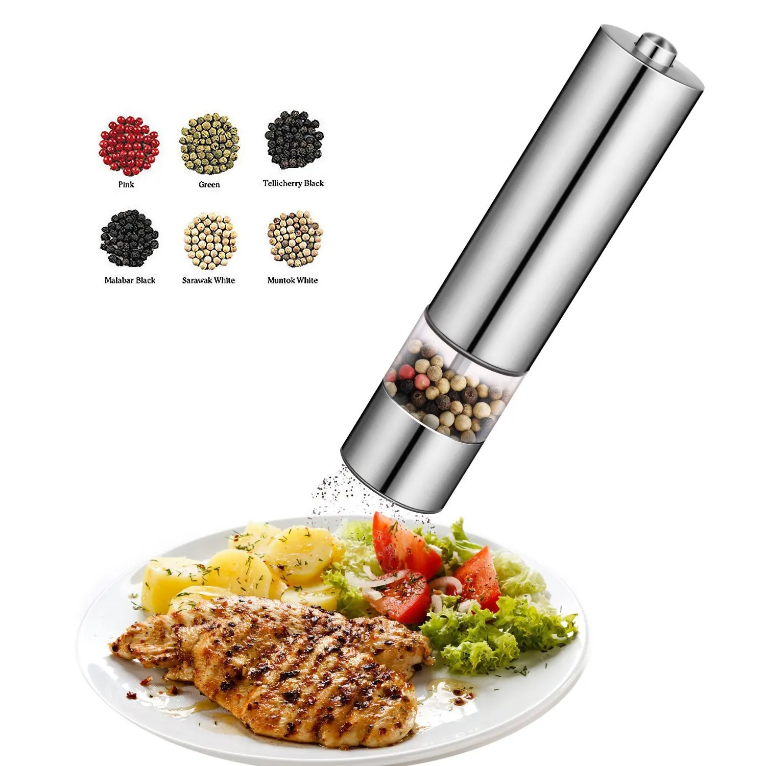 

Steak Stainless Steel Electric Black Pepper Grinder Bottom with Lamp Sea Salt Pepper Spice with Shelf Seasoning Bottle