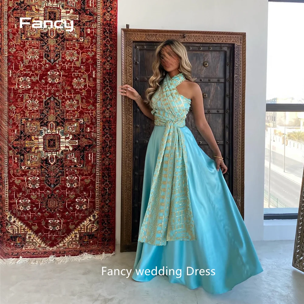 

Fancy Graceful Halter Blue Evening Dress A Line Sleeveless Prom Gown Floor Length Formal Occasion Dresses Dubai Arabia