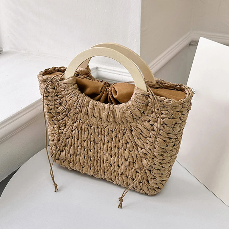 Wooden Handle Basket Bag Paper Woven Women Handbags Handmade Summer Beach Bag Casual Holiday Purses