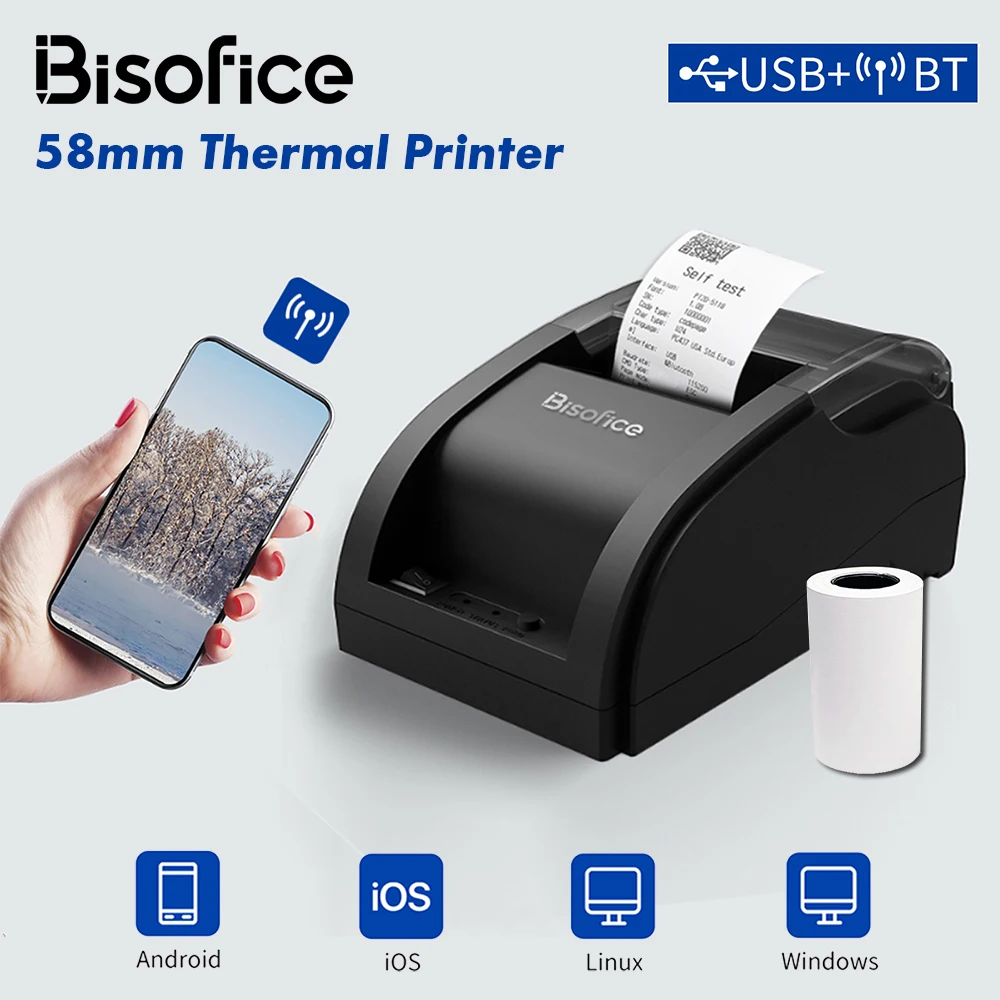 

Термопринтер для чеков Bisofice, 58 мм, USB + BT/USB, 1 рулон бумаги внутри