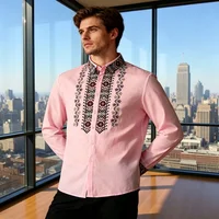 Chemise Homme Vintage à Broderie Florale Géométrique Blanche à Manches Longues Boutonnée Style Business Décontracté 4