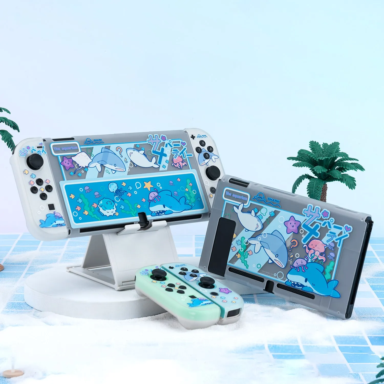 GeekShare Shark Protective Shell Carry Case Dock Cover Dust Cover for Nintendo Switch/OLED/Switch2 4Pcs Thumb Grip Caps 4