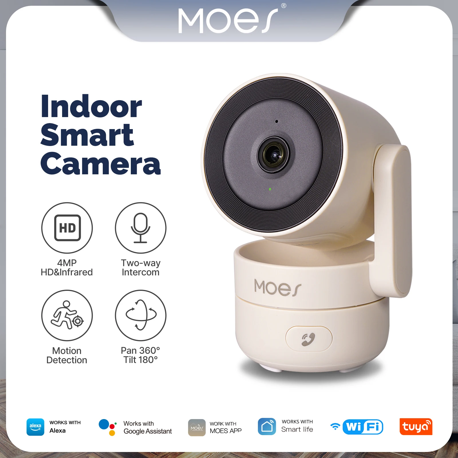 MOES Tuya Wi-Fi 2.4G/Wi-Fi 6 스마트 실내 카메라 보안 팬/틸트 모션 추적 및 소리 감지 적외선 야간 투시경 모니터