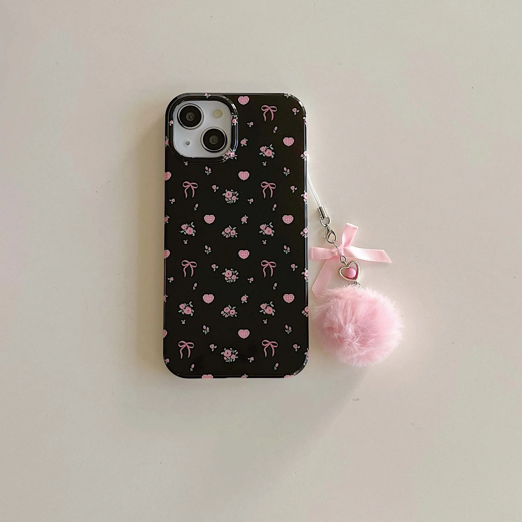 thumbnail image 1 of Funda de teléfono a prueba de golpes para iphone 14 pro max 11 12 13 15 pro max, carcasa trasera de dibujos animados, Ins, flor rosa, lazo de felpa imd, 1 of 5