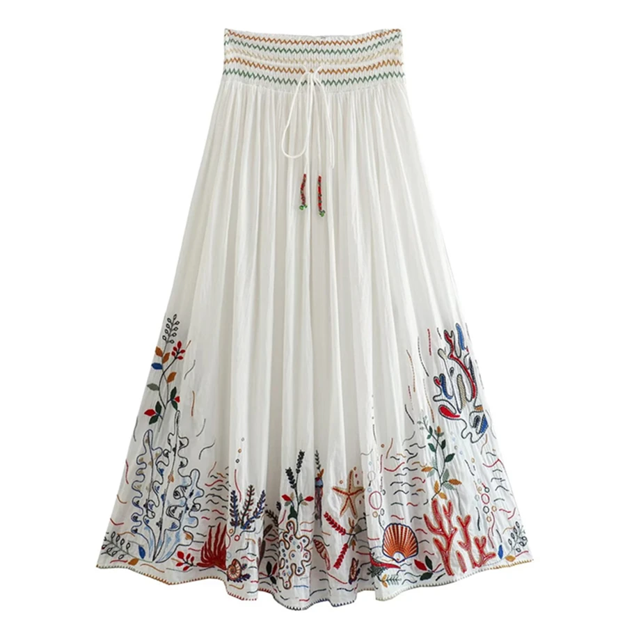 Withered Bohemian Ethnic Style Retro High Waist Skirt For Women Embroidery Cotton A-line Midi Skirts