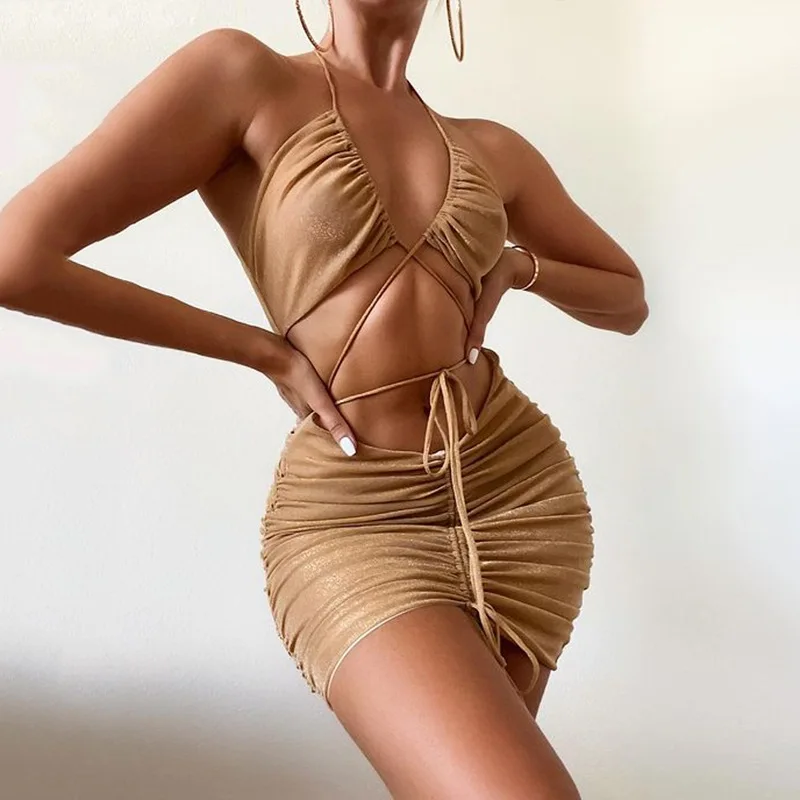 Hollow Out Halter mini dress Bodycon sexy Women's Party club wear Sleeeveless Backless Bandage Elegant casual dress women crop top with skirt