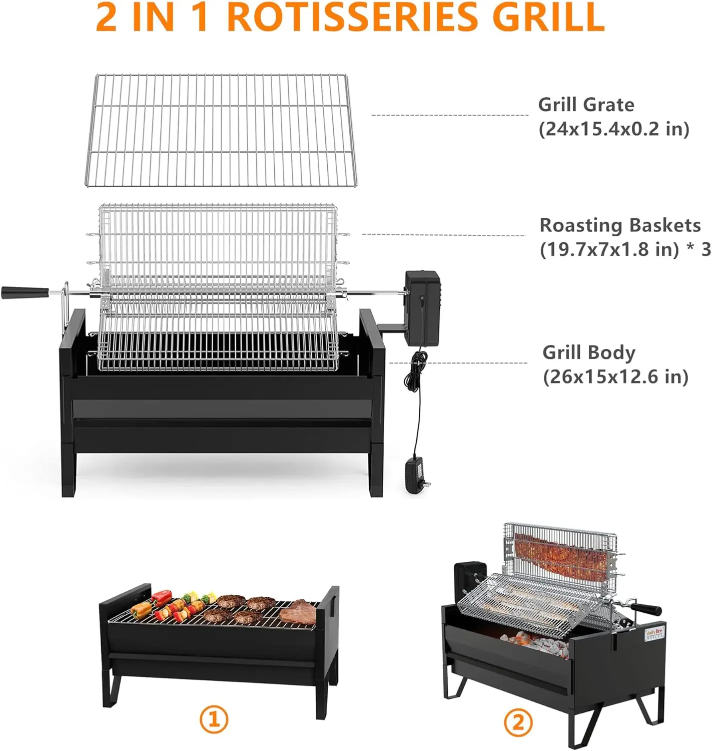 Charcoal Grill Rotisserie Kit with 3 Stainless Steel Rotating Baskets and 24 In Grill Grate, Auto Swivel BBQ Roasting Machine fo 2