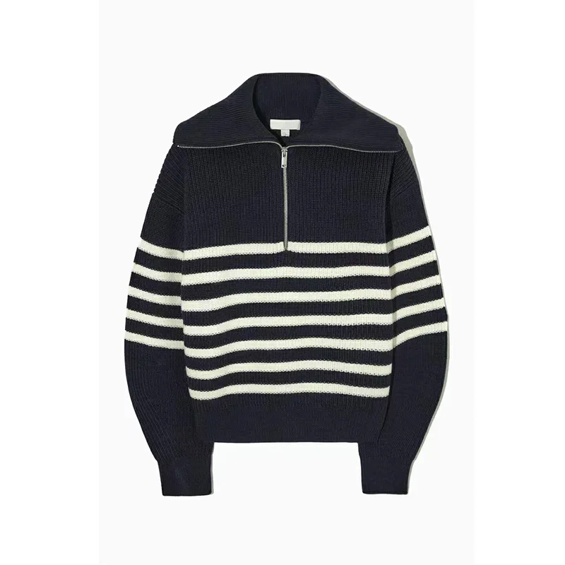 

Lapel Wool Blend Striped Knitwear Zippers Jumper Soft Comfortable New Ladies Lantern Sleeve Loose-fitting Casual Top SweaterV