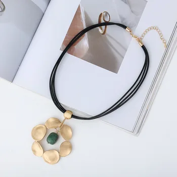 Amorcome Bohemian Green Beads Gold Plated Flower Pendant Necklace for Women Layered Leather Rope Necklace Handmade Jewelry