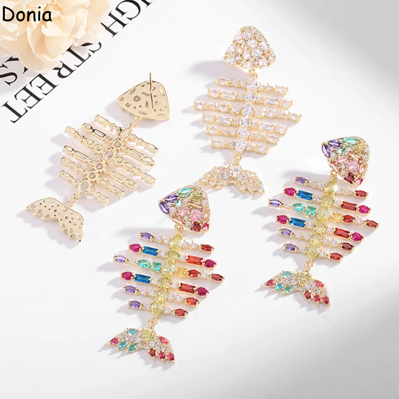 Donia Jewelry Fashion Long Fishbone Titanium Steel Micro-Inlaid AAA Zircon Earrings Luxury Silver Needle Accessories