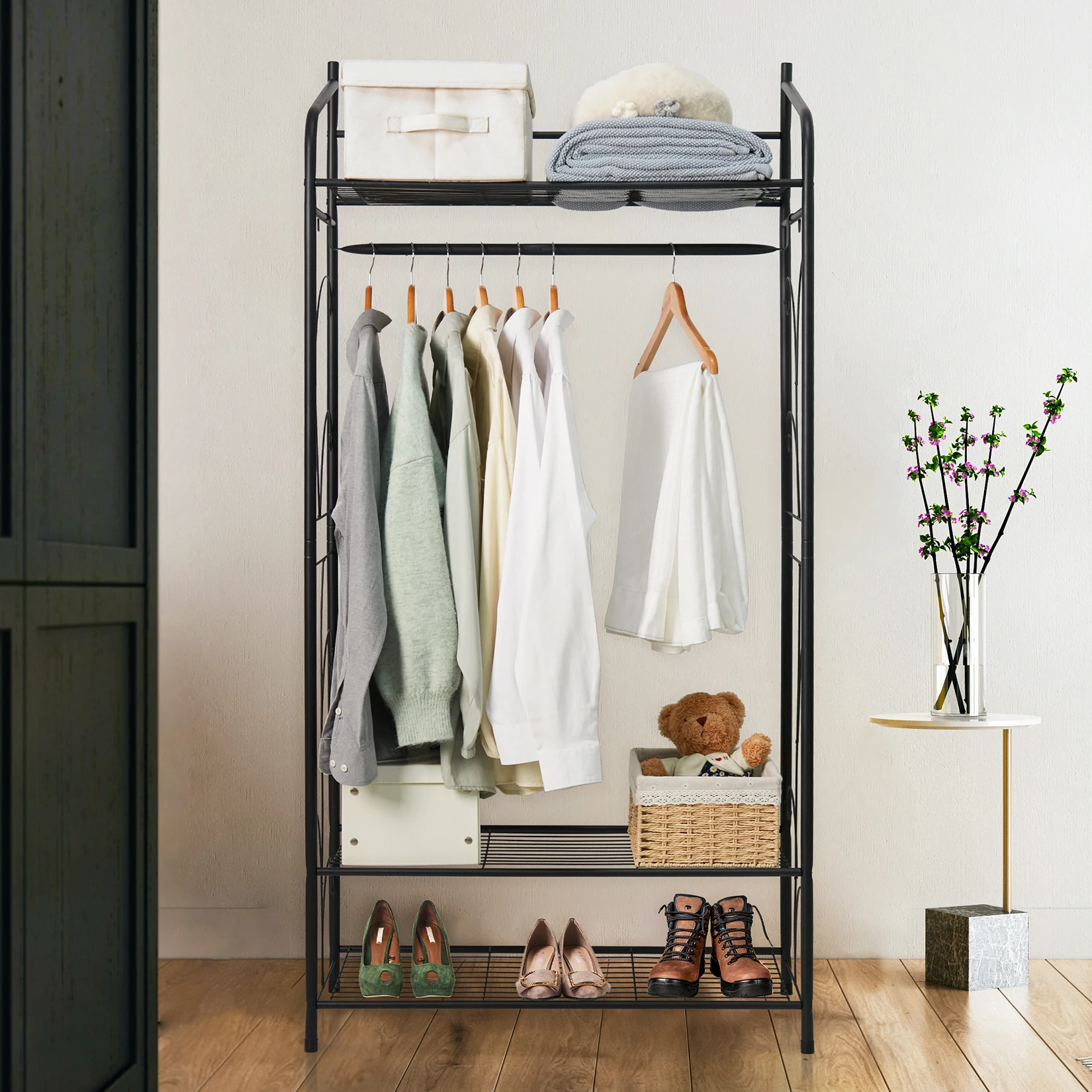 Heavy Duty Metal Garment Rack Stand - Freestanding Shoe And Clothes Storage with Shelves - Horizontal Hanging Rail