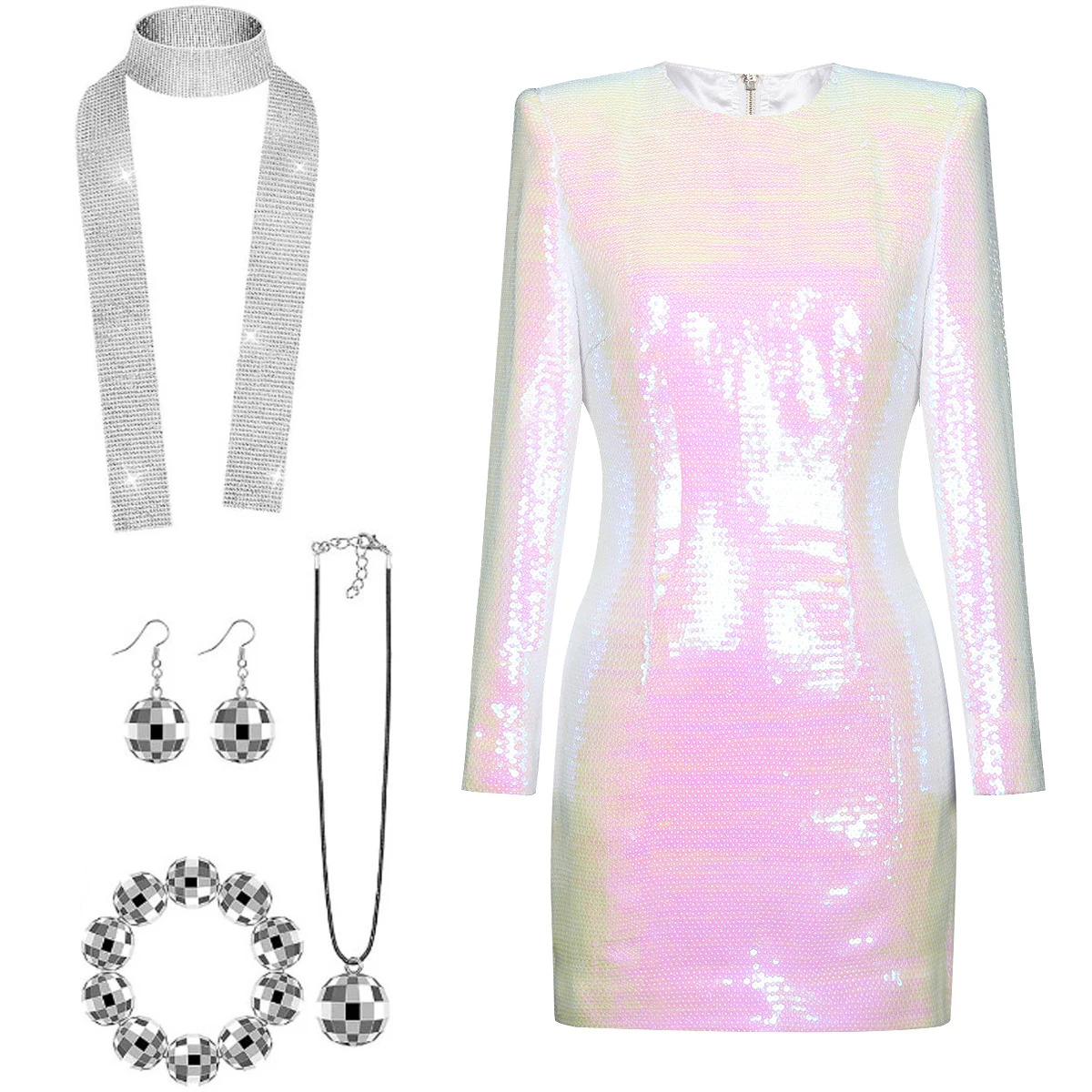 Déguisement Disco Femme 5 Pièces – Robe Perlée à Sequins et Accessoires – photo 2