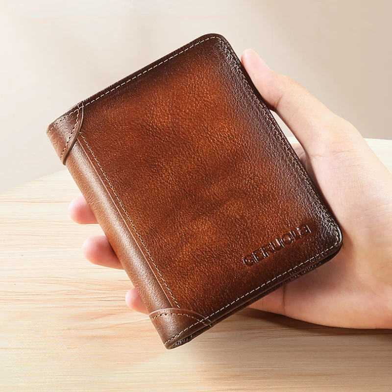 Luxury Anti Rfid Men Wallet Genuine Leather Men Wallets Short Male Purse  Card Holder Wallet Men Money Bag Top Quality Slim Walet—Brown