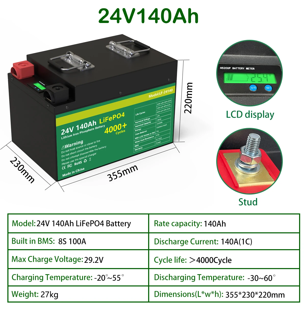 New 12V Lithium Ion Iron Phosphate LiFePO4 Battery 100AH 4 Cells