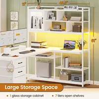 L Shaped Computer Desk, 58'' Office Desk with 3 Drawers and Bookshelf, L Shaped Corner Desk with Storage Shelves and LED Light 2