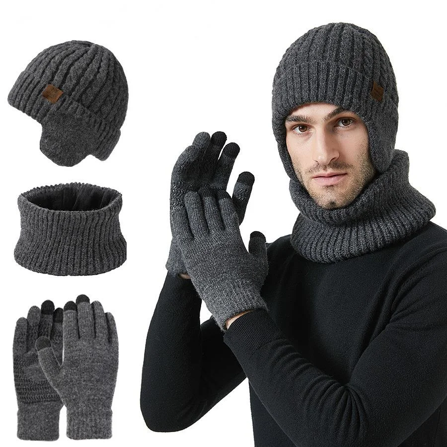 Nouveau bonnet tricoté en velours pour protection des oreilles, écharpe, gants pour écran tactile, combinaison chaude, bonnet en laine chaud d'extérieur pour hommes_voghion.com