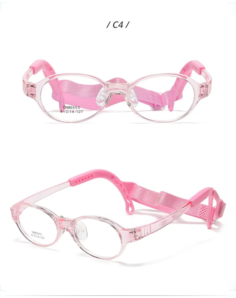 Kinderbrille, TR90-Rahmen, rutschfest, für Kleinkinder, 2–4 Jahre, Mädchen, Jungen, ultraleichte ovale optische Rahmen mit klaren Gläsern, Komfortgurt – Detail 8