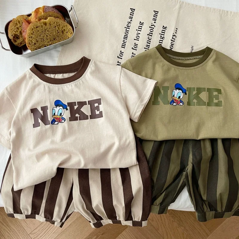 

Children's Suit 0-6 Years Old Summer Boys and Girls Alphabet Cartoon Printed T-shirt + Striped Pants Two-piece Set