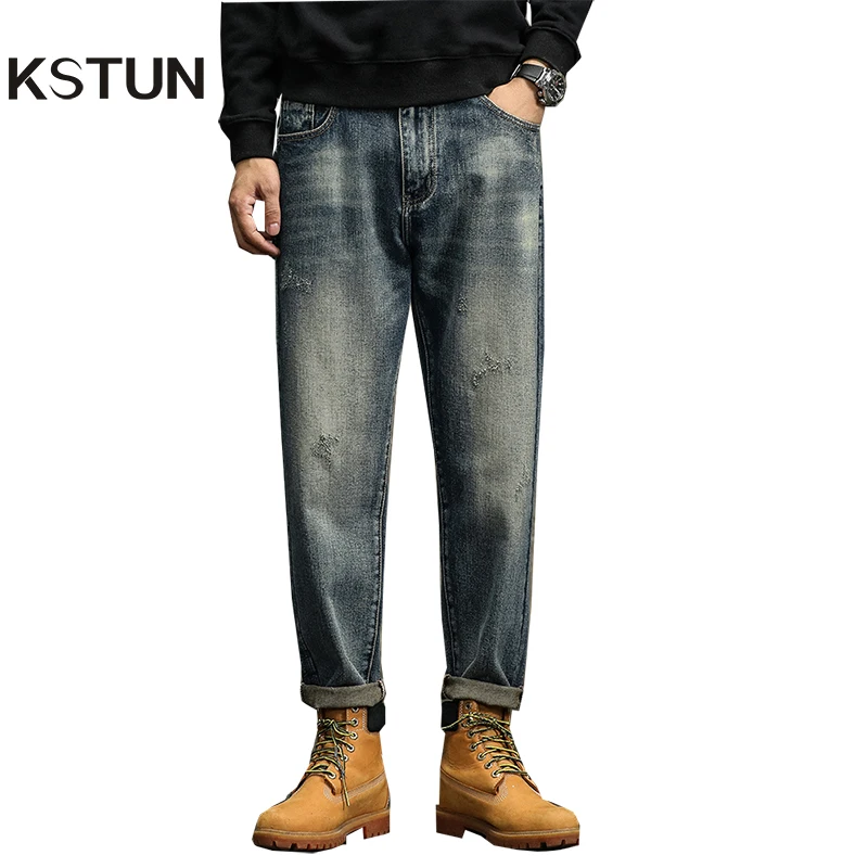 

KSTUN Wide Men's Jeans Pants Loose Fit Baggy Harem Pants Blue 2023 New Jeans Kpop Man Denim Trousers Clothing Streetwear