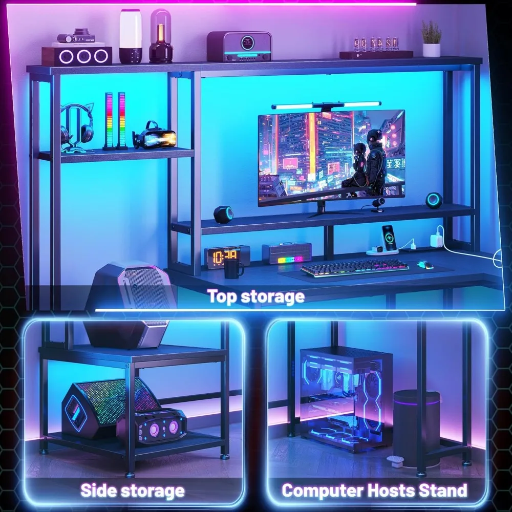 Gaming Desk with LED Lights & Outlets,55 4