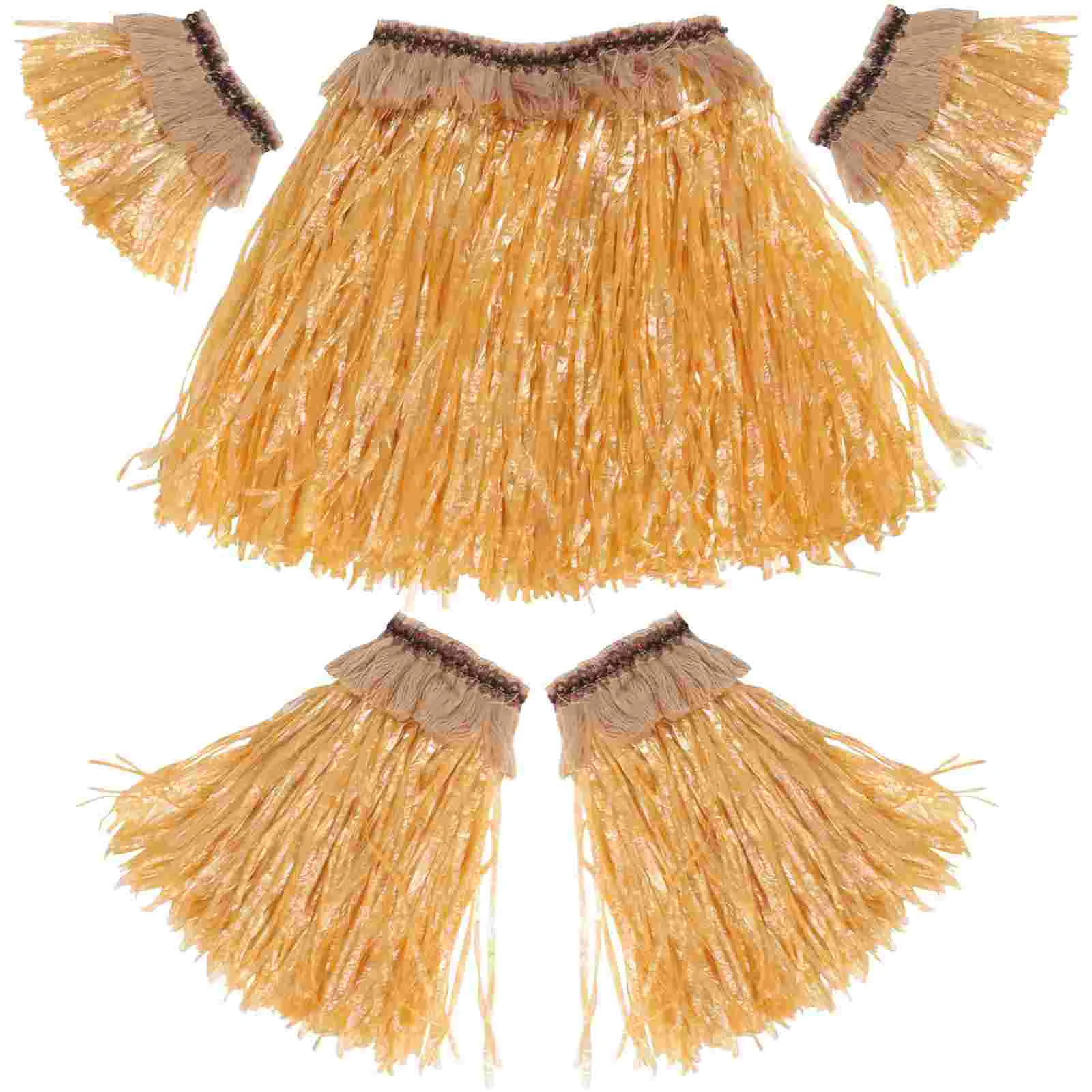 5 Pcs Grass Skirt Set With Arm Leg Bands Women Adult Costume Tribal Fringe Plastic Elastic Waistband Hawaiian Straw Color Dancer