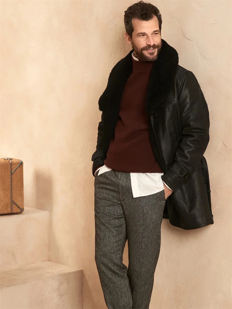 Description Picture 5 of itemFree shipping.Leather Coat with Shearling Collar.Winter warm thick Japanese cowhide jacket.Men long leather Business trench coat