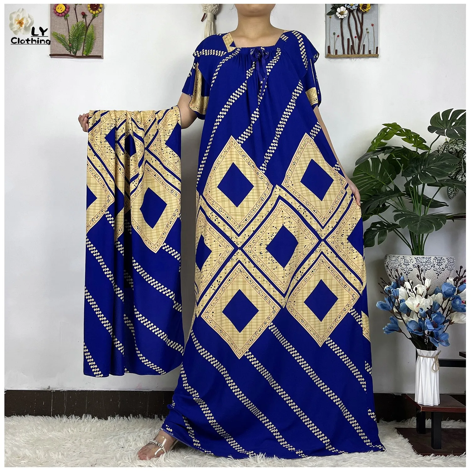 

Новинка, мусульманское женское платье с коротким рукавом и большим шарфом Caftan Dashiki, Женская свободная мягкая Бриллиантовая одежда, африканская абайя