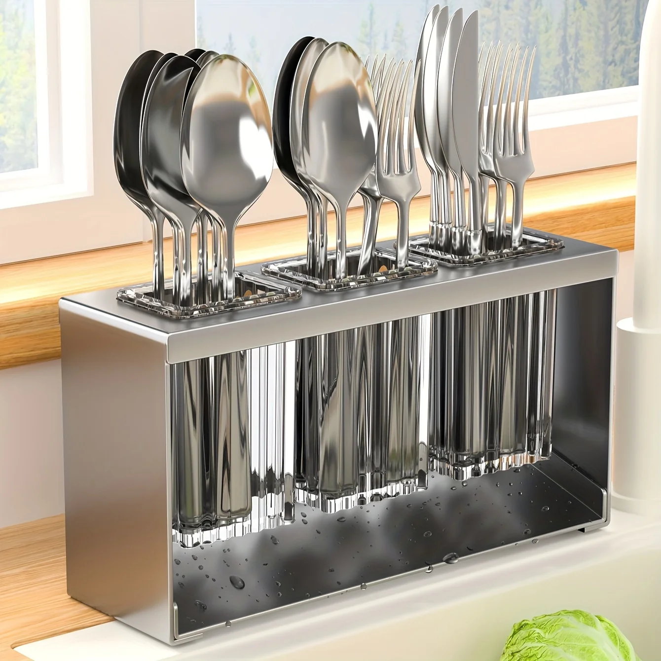 Cutlery Organizer 1pc Stainless Steel Multifunctional Kitchen Utensil Holder with Drainage and Transparent Chopsticks Knives Forks Spoons